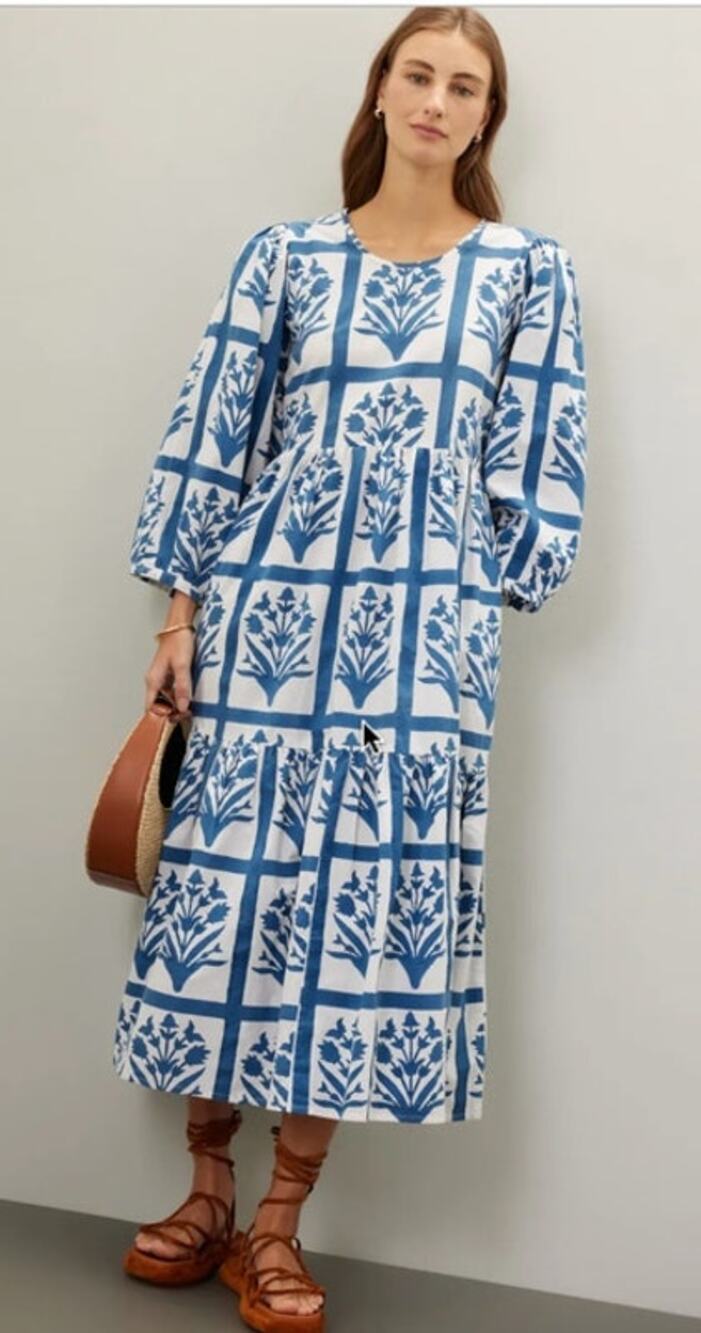 SZ Blockprints Orti Dress Floral Block Midi Blue Small